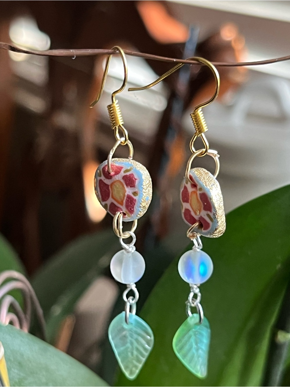Handmade Gold-Tone Floral Dangle Earrings with Green Leaf & Iridescent Beads
